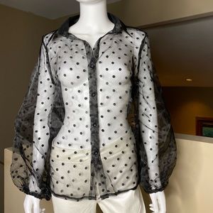 SHEER POLKA DOT BLACK PUFFY SLEEVES BLOUSE
